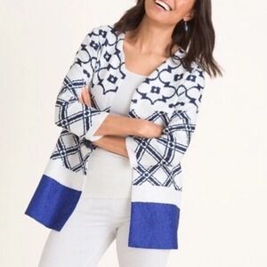 Chico's Travelers Moroccan Crushed Open Front Cardigan Size 4/6 Blue White